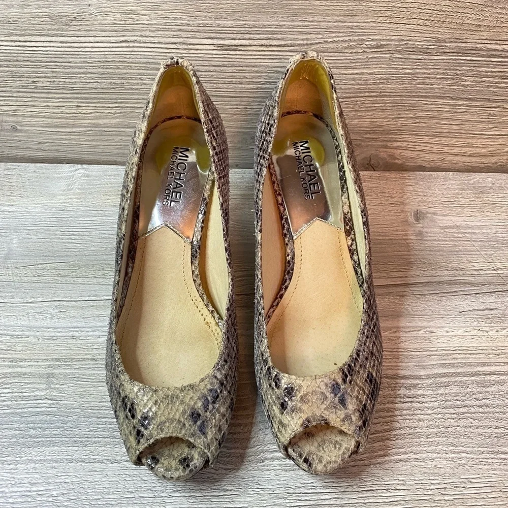 Leather peep toe heels Michael Kors leather snake platform pumps.